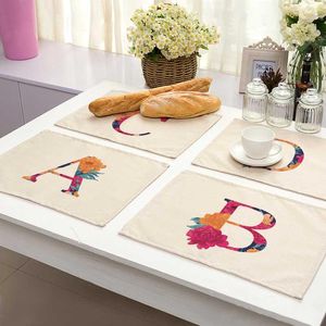 Bord Mattor Flower Letter Mönster Bomull Linen Pad Dining Bowl Cup Mat Kitchen Placemat 42 32CM Heminredning ZM0001