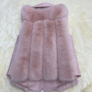 Women's Fur 2023 Luxury Quality Faux Vest Women Turn Down Collar Leather Patchwork Coat Pink White Jacket