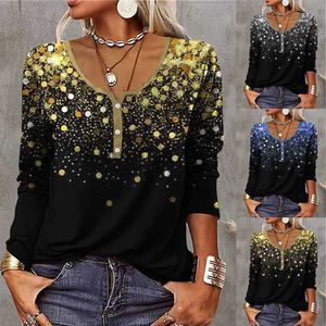 Women's T-Shirt Women's Loose Long-sleeved U Neck T-shirt Elegant 2022 Autumn and Winter Casual Y2K Printed Button Loose Streewear Pullover Top T230104