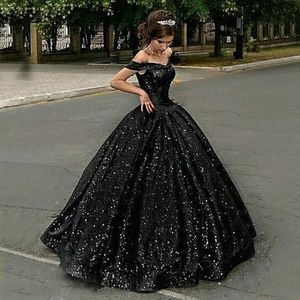 Sexig Dubai Sparkling Black Prom -klänningar 2023 Party Pageant Ball Gown Evening Gowns Off The Shoulder Plus Size Women Formal Dress