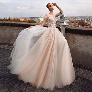 Vintage kepçe boyun dantel bir çizgi gelinlik uzun kollu aplikeler illüzyon gelinlikler tull süpürme treni vestidos de noiva mariage sivil