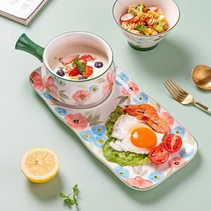 Plates Flowers Ceramic Tableware Set Children Breakfast Plate Dessert Salad Dish Soup Bowl Kitchen Dinnerware