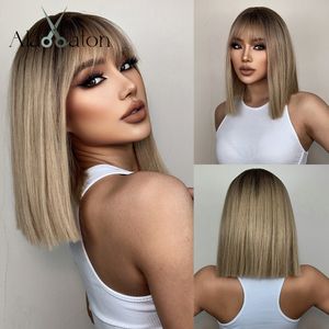 Blonde Synthetic Bangs Wigs Short Straight Mixed Brown Wigs for Black Women Daily Cosplay Party Use Heat Resistantfactory direct