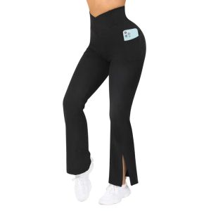 Flash Dry High Waist Yoga Pants Pocket Butt Leggings Sports Wear Women's Casual Split Pants