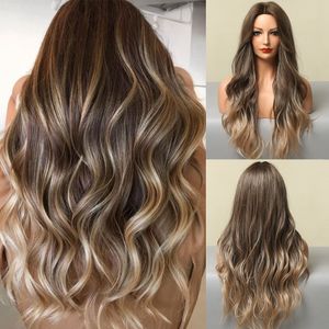 Synthetische Mittelteilperücken für schwarze Frauen Ombre Dunkelbraun Blond Golden Lange Wasserwellenperücken Hitzebeständig Hairfactory Direct