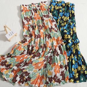 스커트 2023 다목적 주름 캐주얼 A- 라인 여성 중간 롱하라 주쿠 스커트 패션 Femme Chiffon Patchwork Flral High Waist