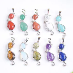 Yowost Natural Gemstones Cat Animal Pendants Teardrop Healing Pink Quartz Lapis Lazuli Tiger Eye Crystal Lovely Necklace Women girls bn509