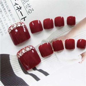24pcs Conjunto de dedos de ver￣o Prendes falsos shinestone pr￩-design tampa completa do p￩ vermelho unhas falsas artificiais com cola unhas beleza224u