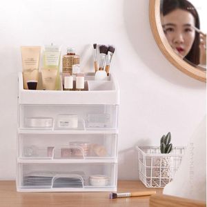 Aufbewahrungsboxen Kosmetik-Desktop-Box Mehrschichtiger transparenter Kunststoff-Make-up-Organizer Schubladen Schmuckbehälter Fall Pinselhalter