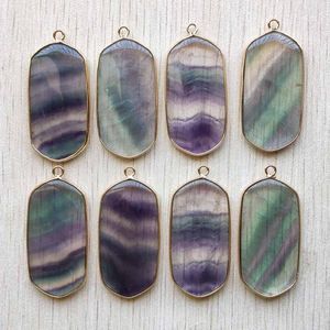 Pendant Necklaces Natural Fluorite Stone Oval Gold Color Connector Pendants For Jewelry Accessories Making Wholesale 8pcs/lot