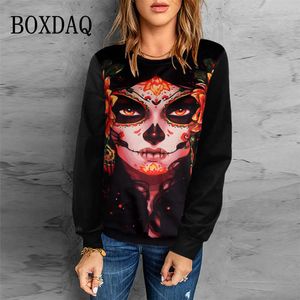 T-shirt damski Przerażający na Facebooku Drukuj Kobiety na Halloween imprezowy na imprezę na 2022 jesień długie rękawy pullover duże koszulki Koszulki Casual O-Neck Tops T230104