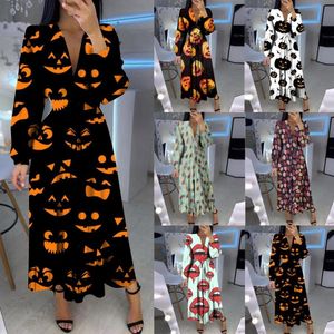 Fantasia de tema Halloween feminino vestido moda em vibração longa de decote em vestidos longos de manga longa