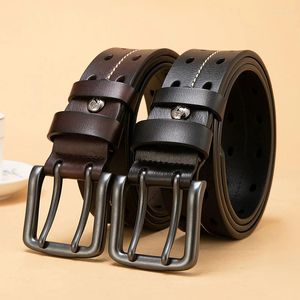 Belts Bison Denim Vintage Cowhide Belt Genuine Leather Men's Alloy Double Pin Buckle Male Jeans And Gift Box