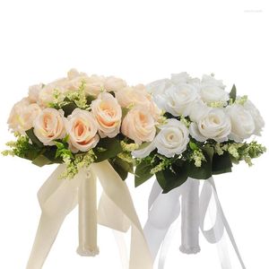Dekoratif çiçekler gelin buket yapay gül çiçek düğünü gelin nedime için şeritler ile hediye parti kilise