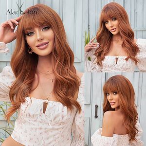 Red Brown Wigs with Bangs Long Water Wave Synthetic Wigs for Women Ginger Orange Cosplay Daily Heat Resistant Wigfactory direct