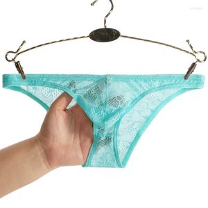 Underpants Men Sexy Lace Floral Lingerie Sissy Panties Semi Transparent Bikini Convex Pouch Ice Silk Briefs Gay Exotic Underwear