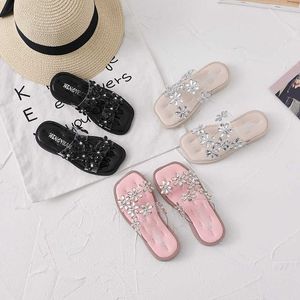 Slipper Mädchen Sandalen 2022 Sommer Neue Mode Blume Strass Flache Schuhe Tragen Römische Strand Schuhe Mode Niedlichen Casual Wohnungen Süße heiße T230302