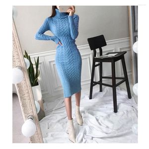 Sukienki swobodne sukienka dla swetra damska elegancka jesień zima seksowna szczupła bodycon turtleeck solidny kolor grube ciepłe dzianinowe pullover vestido