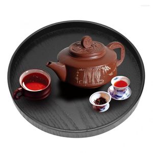 Plates 24CM Black Round Natural Wood Serving Tray Wooden Plate Tea Server Dishes Water Drink Platter Container