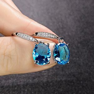 European and American fashion imitation aquamarine earring stud women earrings hook girls zircon white gold Plating earrings Wedding party jewelry