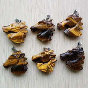 Pendant Necklaces Natural Tiger Eye Stone Carved Horse Heads Charms Pendants For Men And Women Jewelry Making 6pcs/lot Wholesale