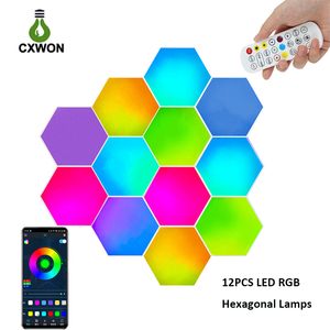 3-12 PCS DIY Smart RGBIC Wandlampen APP Bluetooth LED Sechseckige Lampe Sprachsteuerung Induktion Fantasy-Farbe Neonlicht mit Fernbedienung