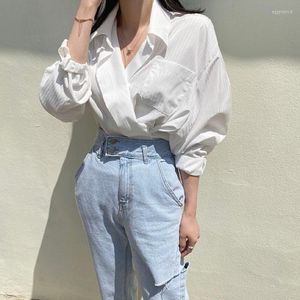 Frauen Blusen Herbst Koreanischen Stil Retro Nische Licht Reife Blau/weiß Gestreiften Revers Hemd Lässig mit Langen ärmeln elegante Frau