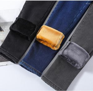 Women's Jeans Warm Winter Size Slim Women Advanced Stretch Cotton Denim Pants Thick Fleece Student Trousers Blue Black Gray