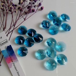 Chandelier Crystal Camal 50Pcs 14MM Blue Prisms Glass Octagonal Loose Beads 2 Holes Lamp Part Suncatcher Garland Hanging Parts