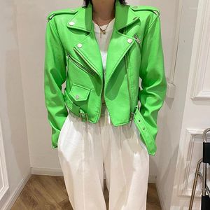 Women's Jackets Spring Short Green Gecko Biker Leather Jacket Long Sleeve Zipper Belt Colored Stylish Outerwear For Women Fashion Crop Tops