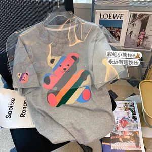 女性用Tシャツグレー漫画ベアショートレディースサマーズミッドレングスカジュアルオールマッチミッドスリーブトップ