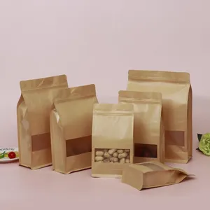 Kraft Stand Up Pouches Sacchetto di imballaggio riutilizzabile in carta Kraft con sacchetti per alimenti termosaldabili per finestra 100 pezzi