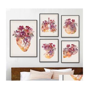 Gemälde Anatomie Innere Organe Blumen Herz Gehirn Lunge Nordic Poster Wandkunst Druck Leinwand Malerei Dekor Bilder Für Wohnzimmer D DHPML