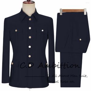 Mäns kostymer Navy Blue Slim Fit Suit For Men Single Breasted 2 Piece Elegant Wedding Blazer Custom Formal Zhongshan Decoration Chnese Style