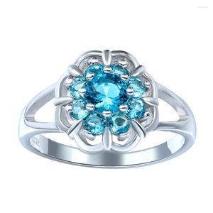 Обручальные кольца Hainon Silver Color Sky Blue Flower Cubic Circonia для женского модного страза Женщины Ювелирные изделия