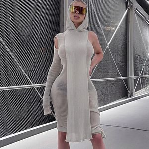 Party Dresses Fall Spring Clubwear Tight Dress One Sleeve Stick Asymmetric Midi Skinny Ribbed Hooded Streetwear Baddie Clothes 230104