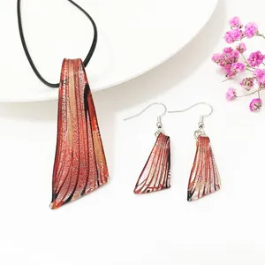 1 Set Red Leaf Necklace Pendant Earring Lampwork Glass Murano Knife Colored Glaze Chinese Style Jewelry for Women Gift