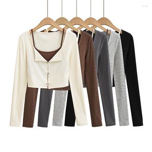 Magliette da donna Moda coreana Manica lunga Crop Top Vestiti sexy Kawaii per le donne Camicia casual bianca Corsetto carino Abiti autunnali a coste