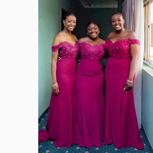 Fuchsia Sheath Bridesmaid Dresses Long For Nigerian Wedding Banquet Elegant Off Shoulder Sweetheart Bridesmaid Dress Sweep Train