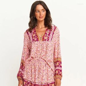 Kadınlar bluzlar çiçek rayon pamuk vintage şık uzun kollu püskül bayanlar gömlek camisas de mujer bahar tatil gündelik hippi kadın