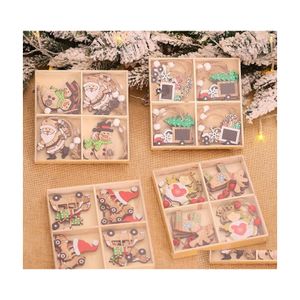 Decorações de Natal 12pcs/caixa pingentes de madeira pingentes de Natal Ornamentos pendurados para crianças para crianças Noel Navidad Drop Delivery Garden Dhuus