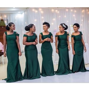 Smaragdgroene satijnen zeemeermin bruidsmeisje jurken van de schouder lange trouwfeestjurk Afrikaans meisje vrouwen promjurken