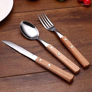 Dinnerware Sets Set Of 3 Rustic Wooden Handle Flatware Stainless Steel Fancy Silverware Cutlery Include Spoon Knife Fork