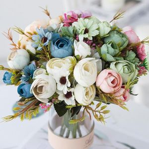 Dekorative Blumen, 1 Zweig, 5 Gabeln, Seide, künstliche Blume, Kamelie, kleines Gänseblümchen, Hochzeit, Arrangement, Requisiten, Braut, Simulationsstrauß