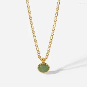 Pendant Necklaces Minar Textured Green Color Jade Natural Stone For Women 14K Gold Plated Stainless Steel Oval Choker Necklace