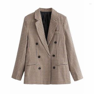 Women's Suits Women Chic Plaid Jacket Office Lady Double Breasted Blazer Vintage Coat Fashion Notched Collar Outerwear Stylish Blazers Tops