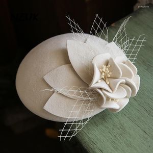 Toucas NZUK Boné de Casamento Fedora de Lã Pura Vintage Feminino Chapéu de Flor de Malha para a Cabeça Feminina Elegante Caixa de Comprimidos de Outono