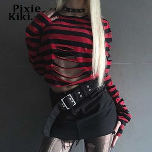 Damen T-Shirt PixieKiki Gothic Punk Gestreiftes T-Shirt Frauen Straßenkleidung Sexy Ausschnitt Langarm Crop Tops Dark Academia P80-BE14 T230104