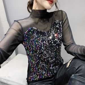 Women's T-Shirt 3XL Mesh Long Sleeve T-Shirts Sequins Sexy Turtleneck See Through T Shirt Female Casual Elastic Women's T-shirt Slim Tees Tops T230104