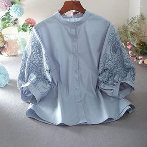 Kadın bluzları kadınlar beyaz pembe kadın kısa fener kollu işlemeli üstler yaz gündelik ol tunik bluz blusa sy122
